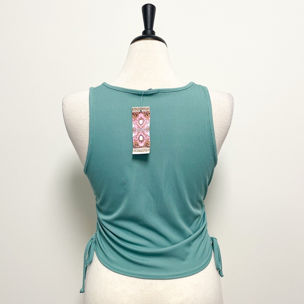 Boohoo Aqua Green Side Ruched Ribbed Sleeveless Square Neck Tank NWT 12 *Fitted* - Picture 5 of 7